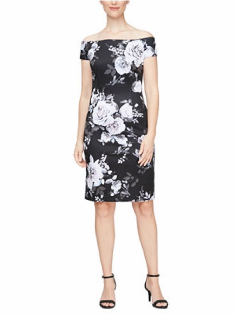SLNY Fashions Off-the-Shoulder Floral Print Sheath Dress in Black, Size 14, NWT